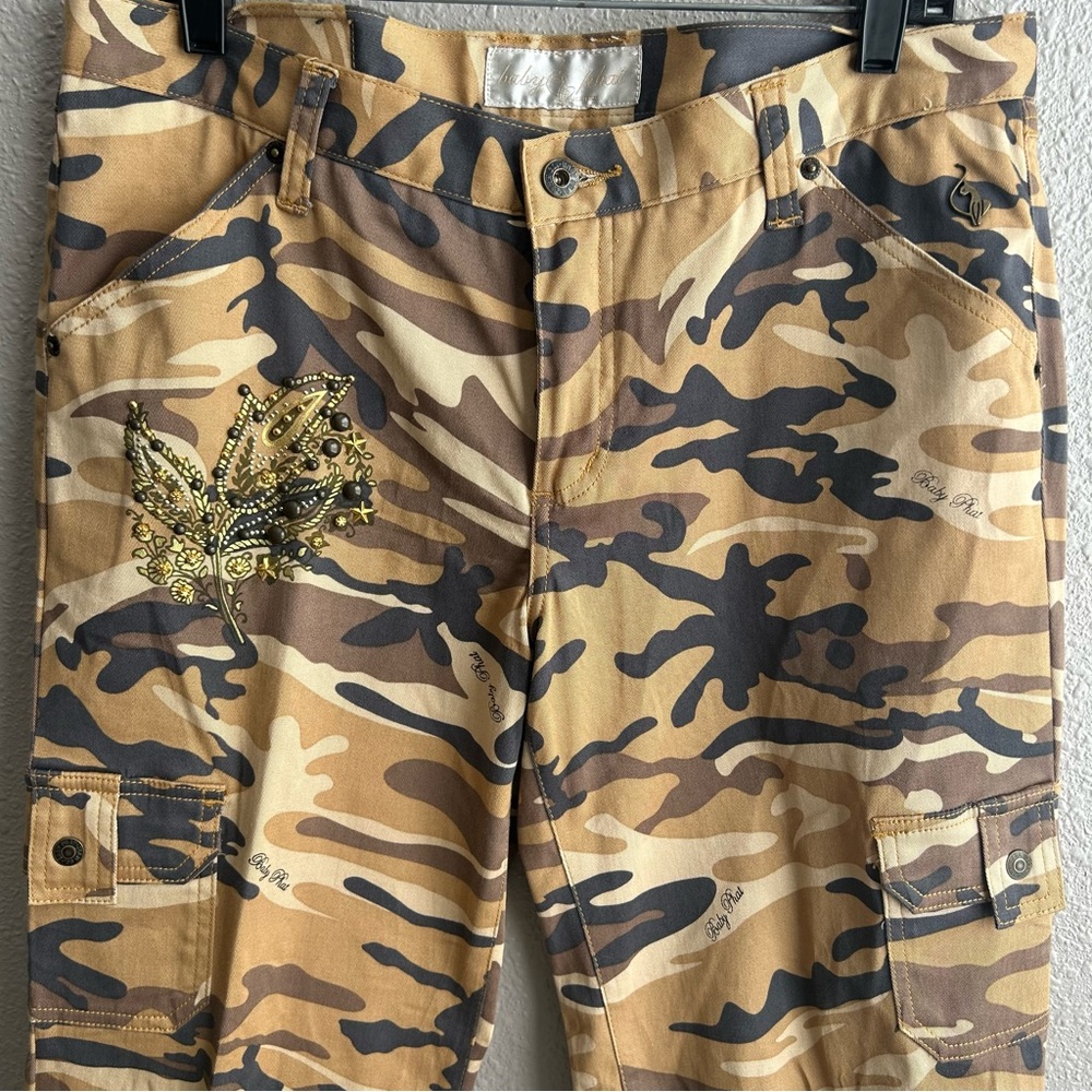 Baby Phat Y2K Brown Tan Camo Cargo Wide Leg Embellished Rhinestone Pants - Picture 5 of 14